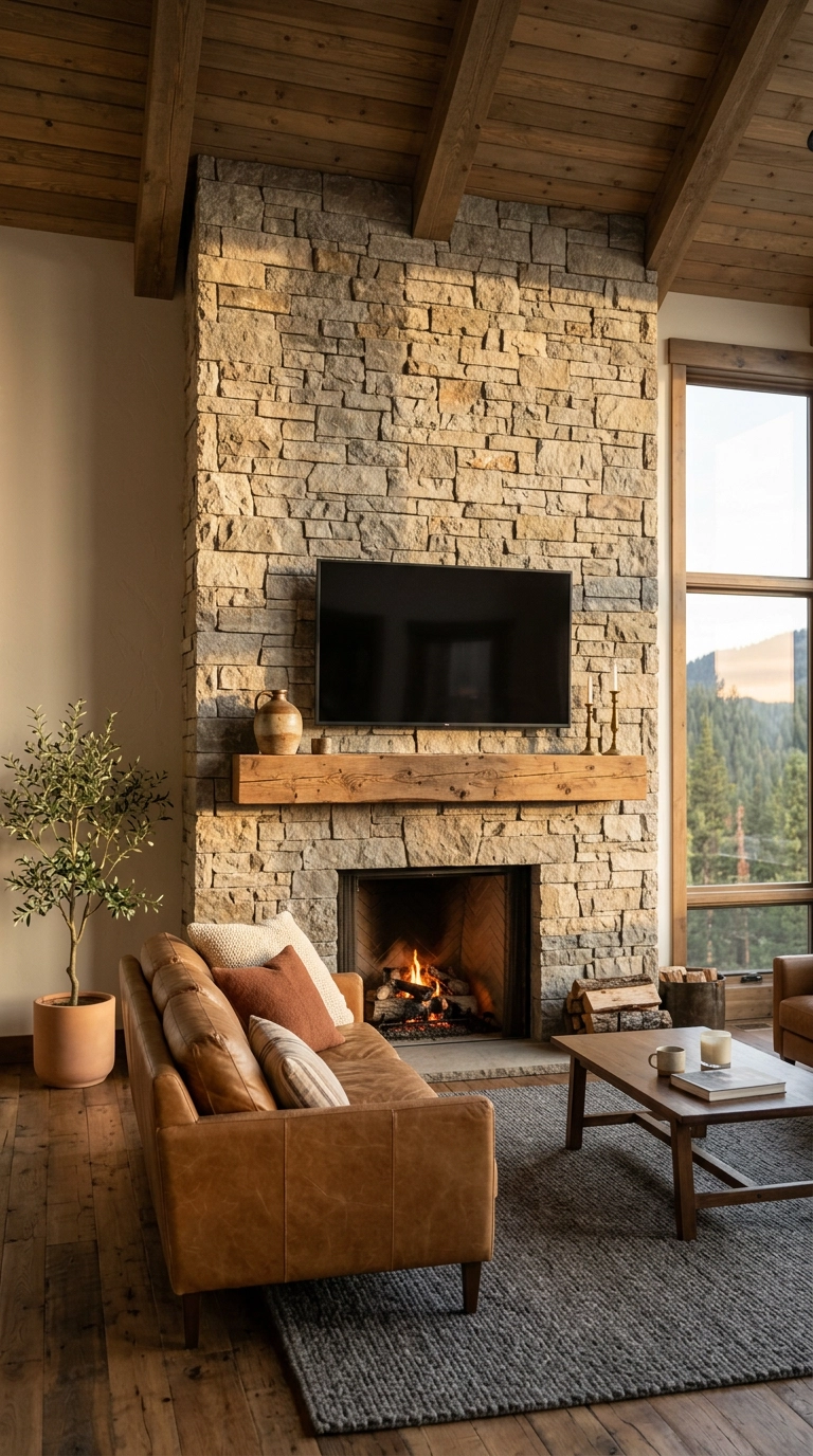 Floor-to-ceiling stacked stone chimney with a dark TV screen above a reclaimed fir mantel beam