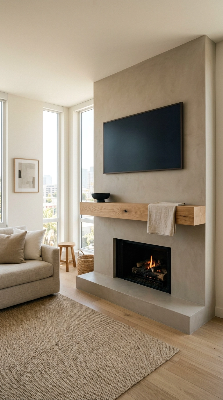 Thick floating white oak mantel under a dark TV screen on a microcement fireplace surround