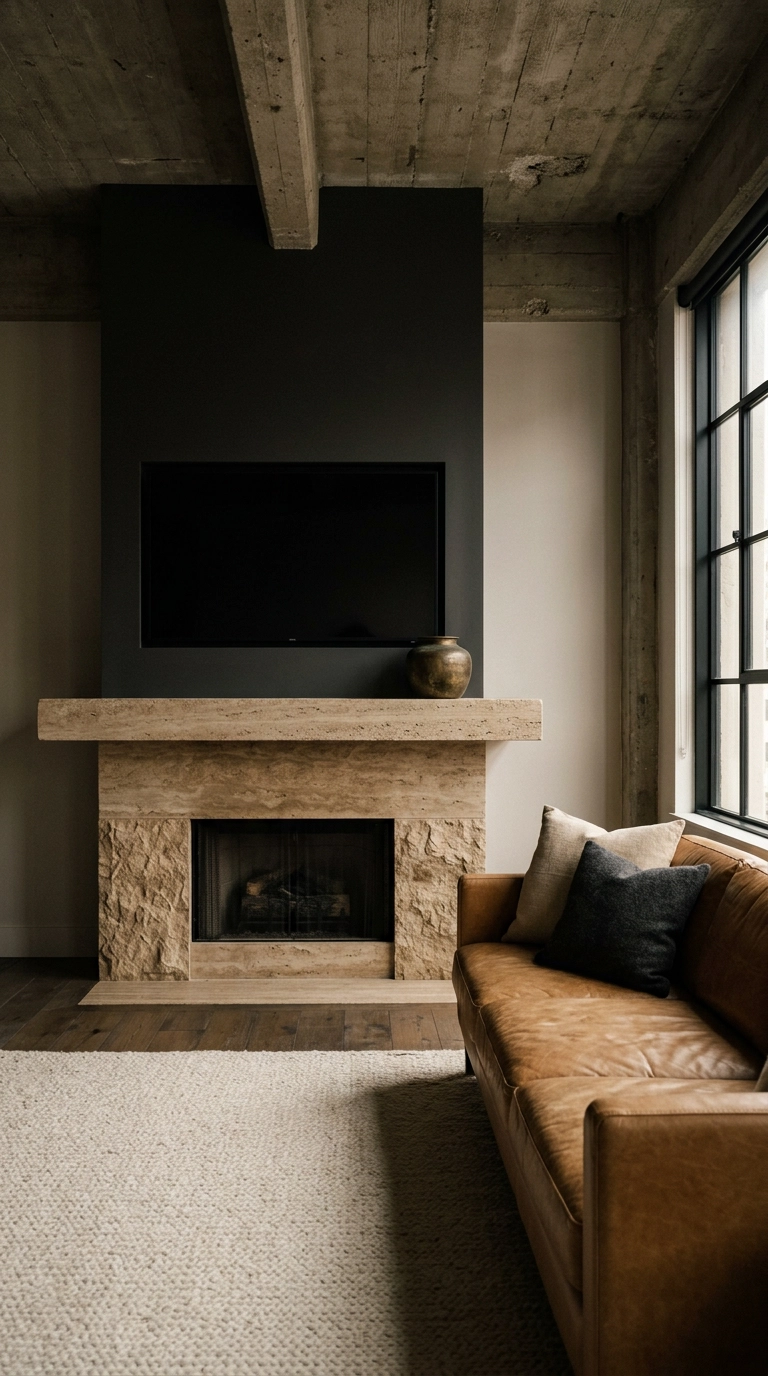 Charcoal painted upper chimney breast blending with a dark TV above a travertine mantel