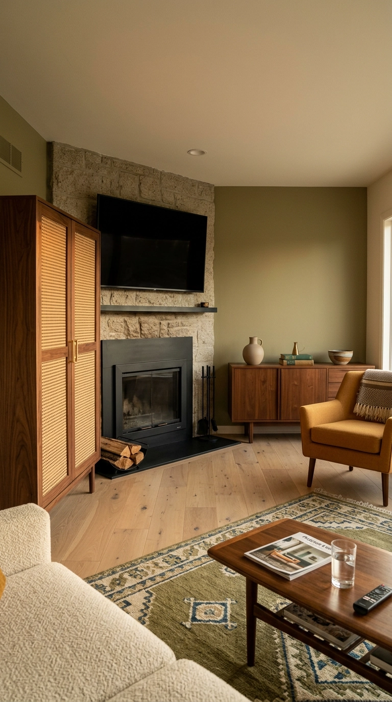 Asymmetric walnut cabinets flanking a fireplace with a dark television mounted above