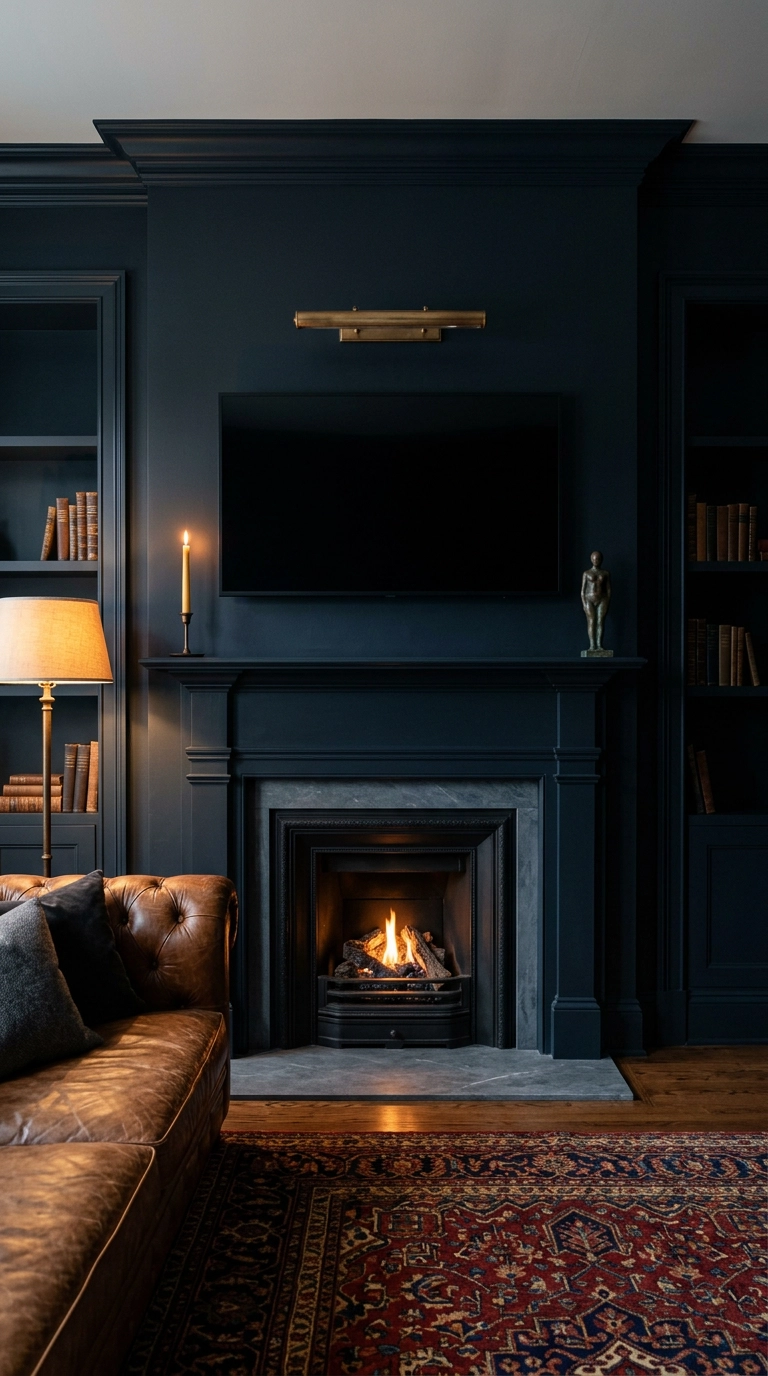 Deep inky blue-black chimney breast where the mounted TV blends into the dark wall