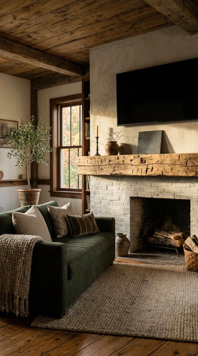 Reclaimed oak beam mantel with saw marks below a dark TV on a mortar-washed brick surround