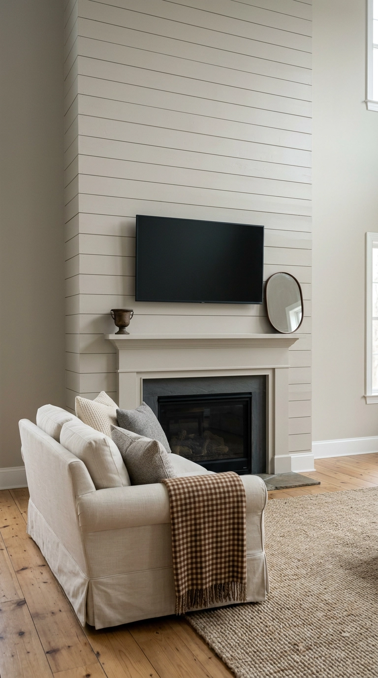 Greige shiplap chimney wall with a dark television mounted above a painted mantel