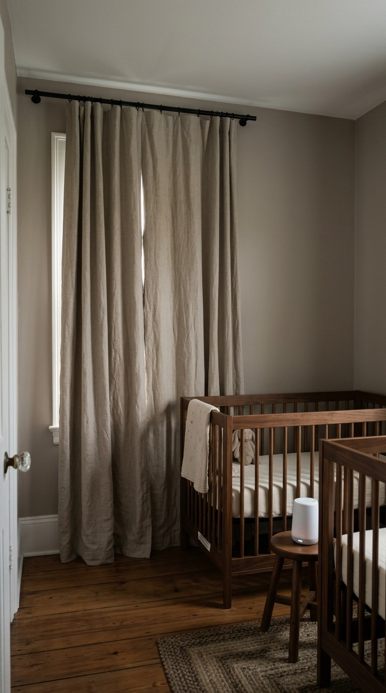 Wall-to-wall putty blackout curtains beside two walnut cribs in a twin nursery