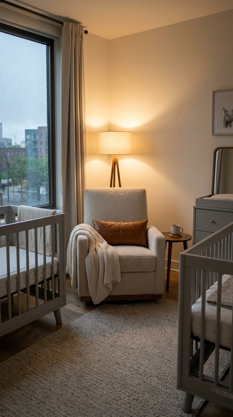 Wide boucle glider in the corner of a twin nursery between two grey cribs