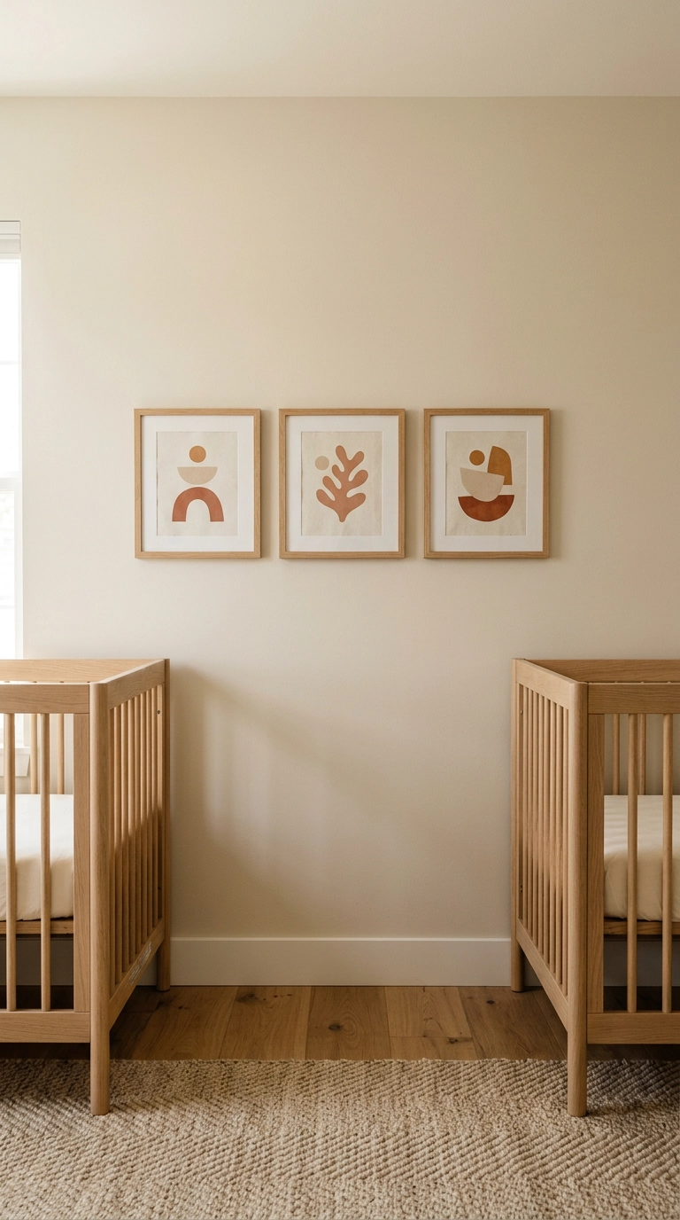 Low row of abstract art hung between two cribs in a twin nursery
