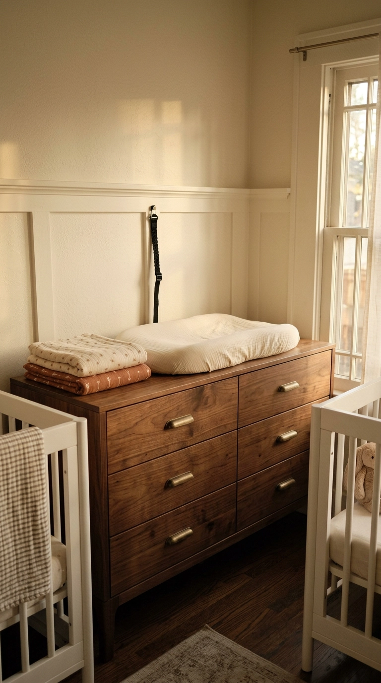 Wide walnut dresser used as shared changing station in a twin nursery with two cribs
