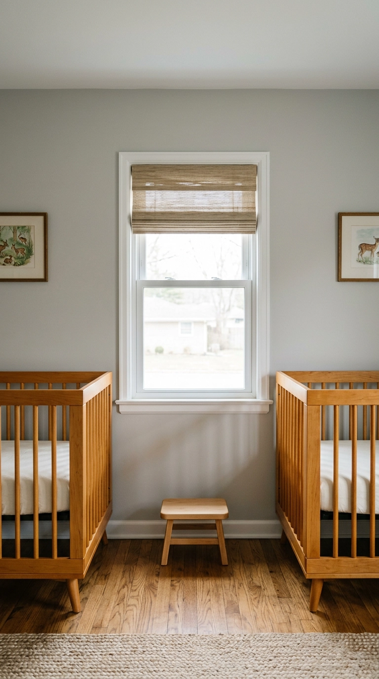 Twin nursery with two maple cribs symmetrically flanking a single window