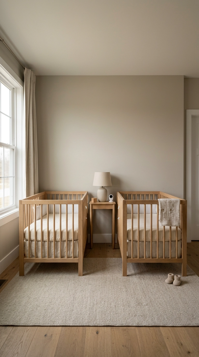 Twin nursery with two white oak cribs side by side and a narrow console between them