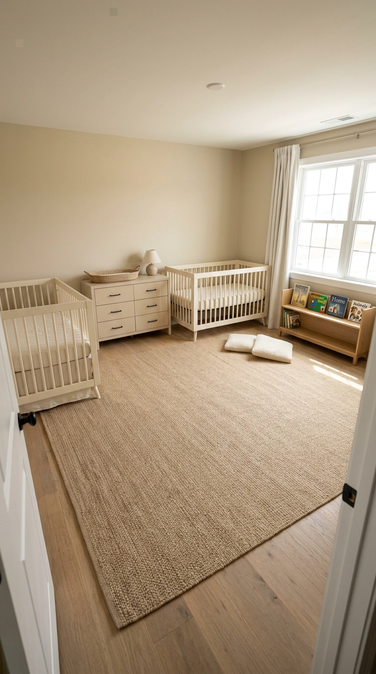 Twin nursery with two convertible cream cribs and open floor left for future toddler beds