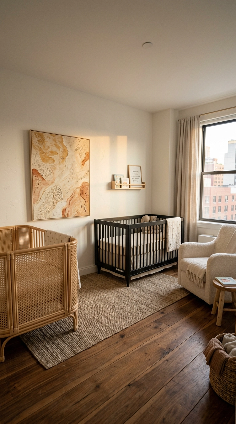 Twin nursery with two cribs placed asymmetrically and one large abstract canvas