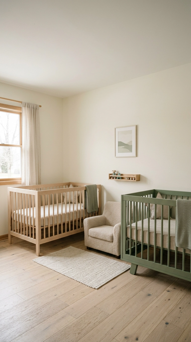Twin nursery with two cribs in different finishes but matching bedding