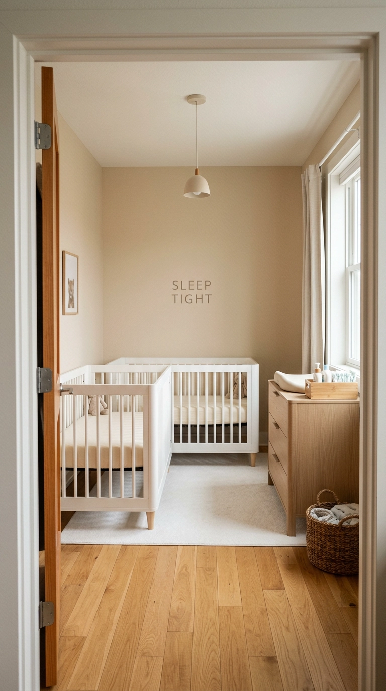Two white cribs arranged in an L shape in the corner of a small twin nursery
