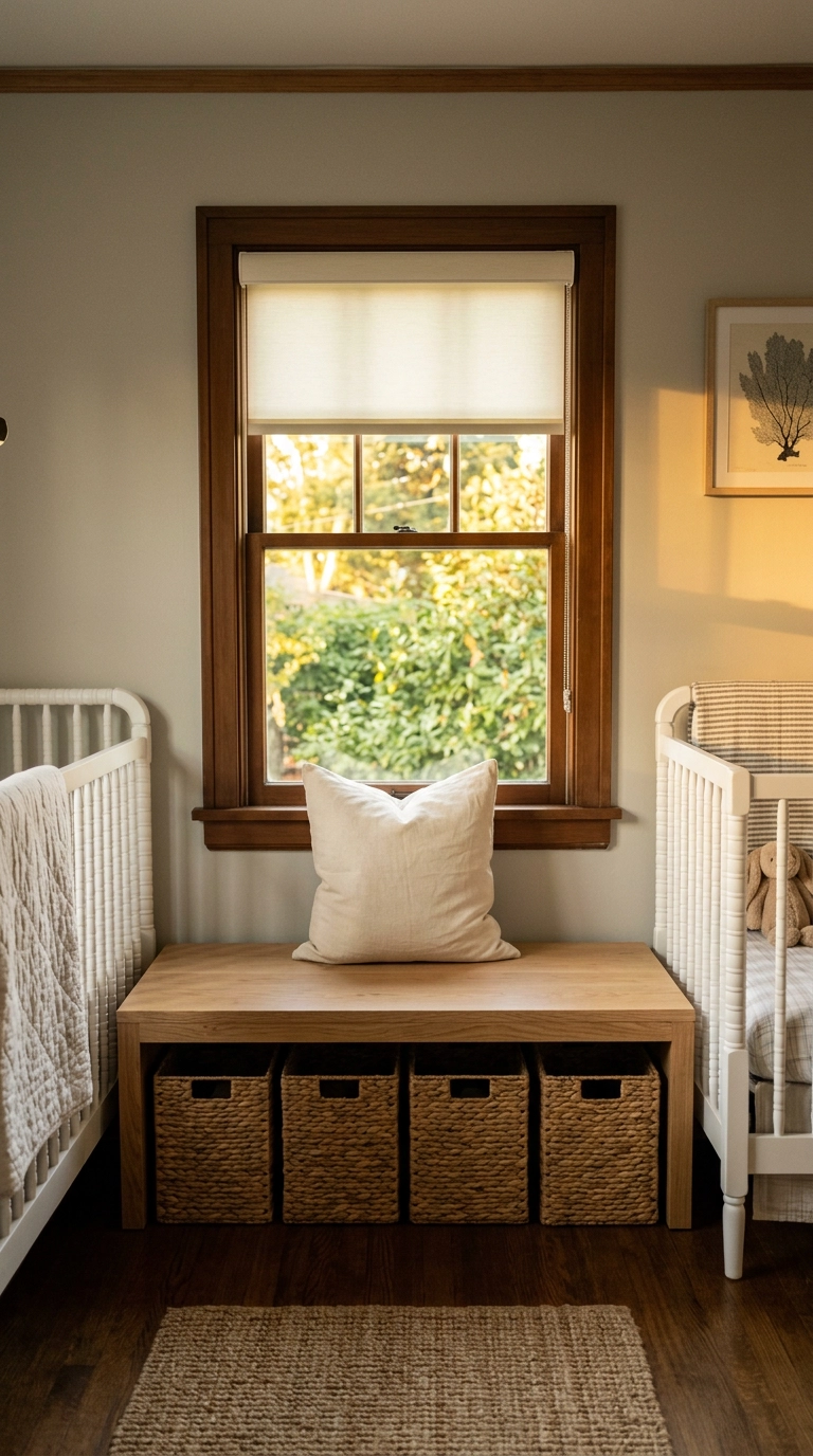 Long oak bench with storage bins under a window between two cribs in a twin nursery