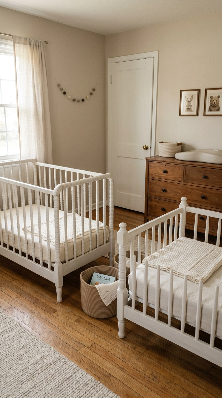 Two secondhand spindle cribs painted the same white in a twin nursery