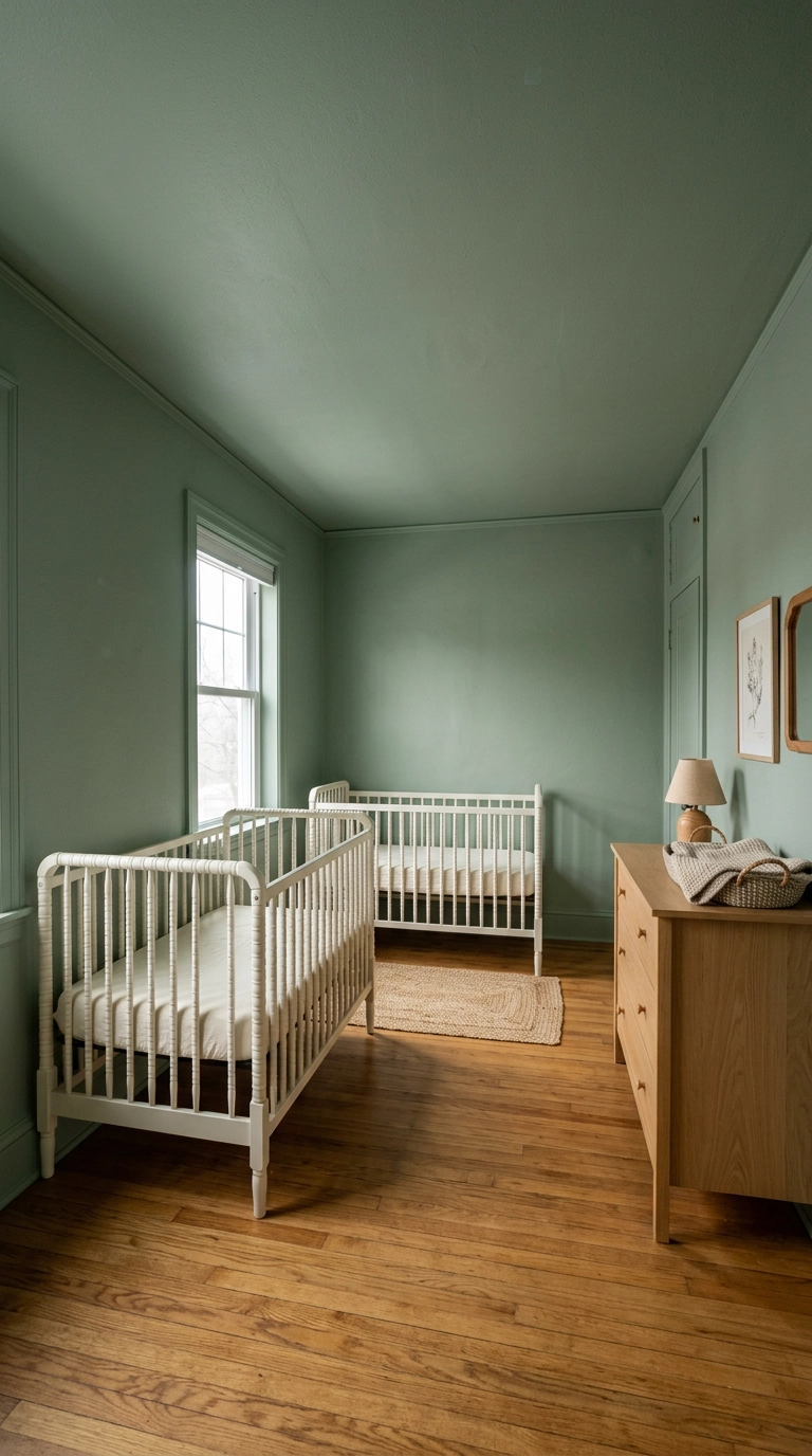 Sage green color drenched twin nursery with two white cribs on adjacent walls