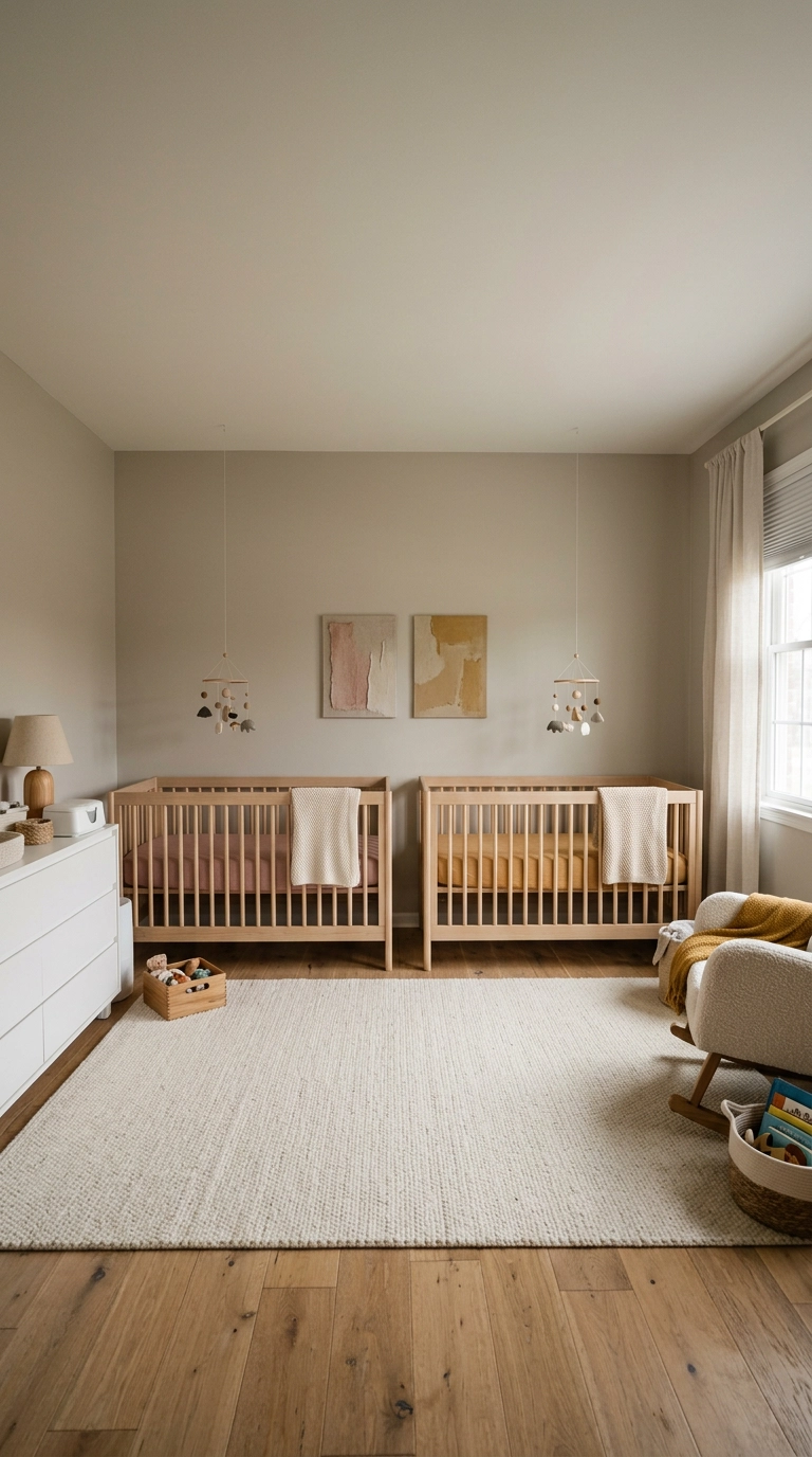 Twin nursery using two accent colors instead of name signs to distinguish each crib