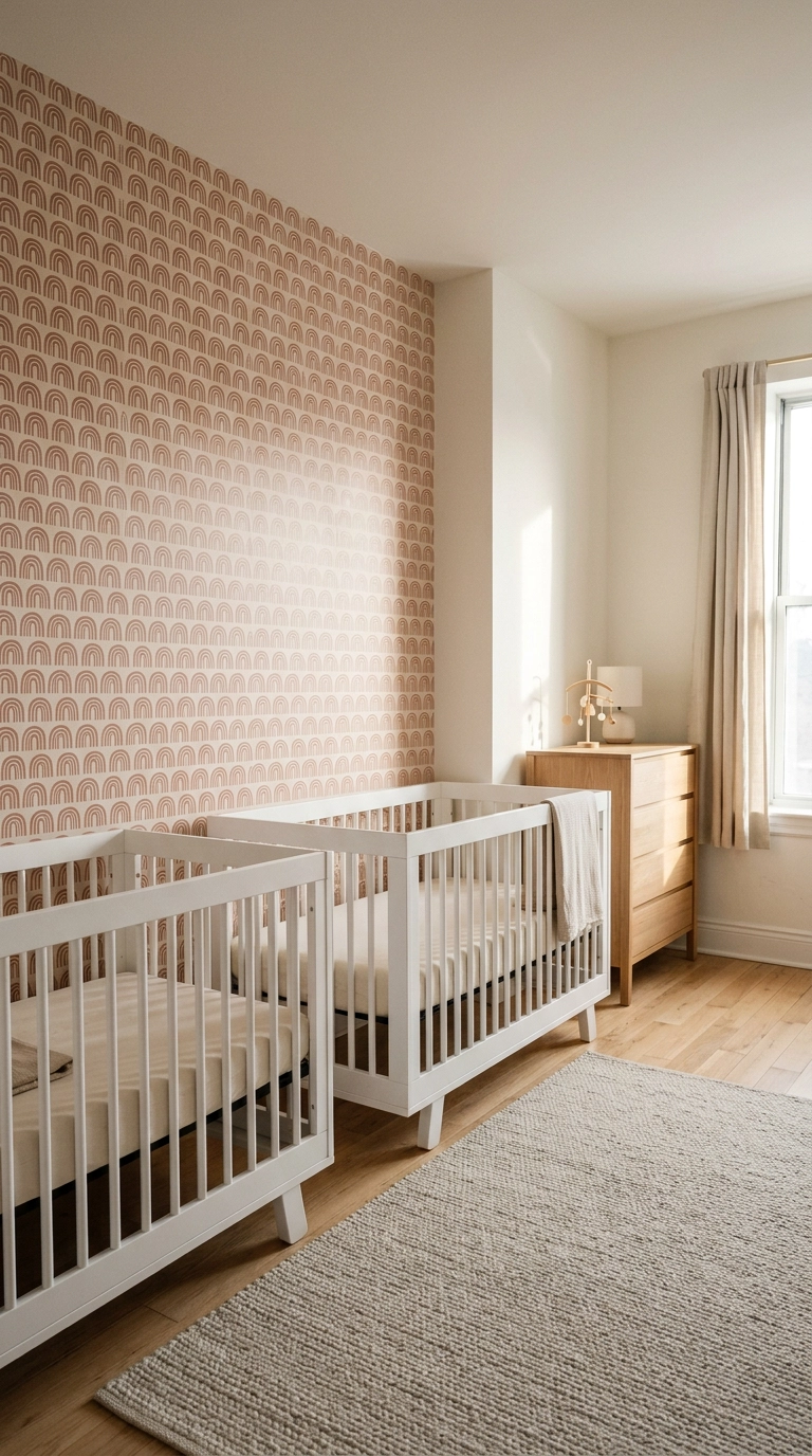 Twin nursery with removable patterned wallpaper behind two white cribs