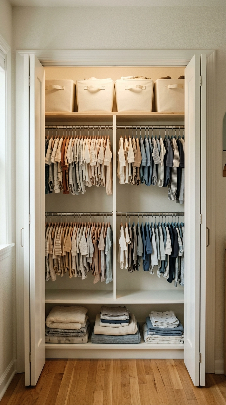 Twin nursery closet split in half with two colors of hangers and matching bins