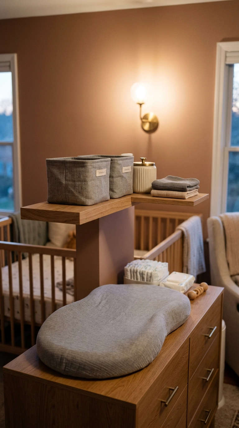 Shared changing station detail in a twin nursery with two cribs visible behind