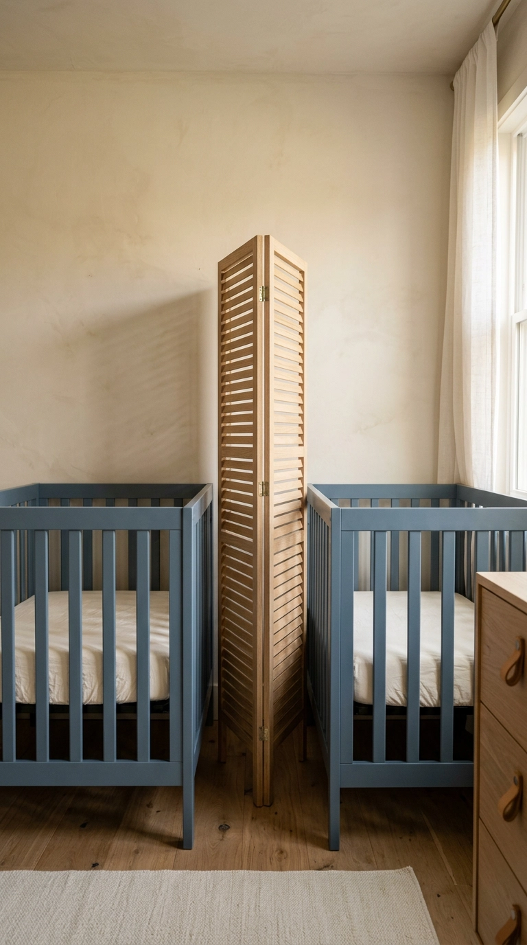 Slatted oak screen standing between two blue cribs in a twin nursery