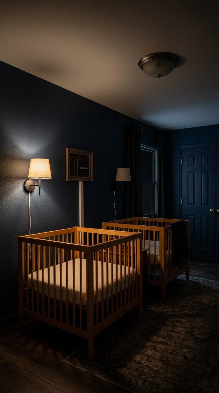 Twin nursery at night with two wall sconces flanking two maple cribs