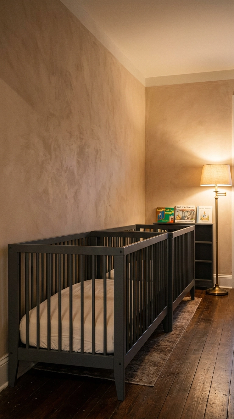 Two charcoal cribs arranged foot to foot along one long wall in a narrow twin nursery