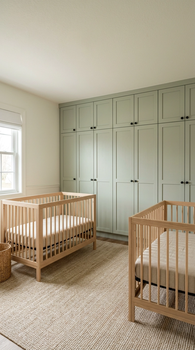 Twin nursery with a full wall of sage green closed cabinets behind two oak cribs