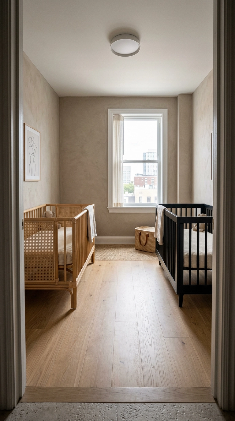Twin nursery with two cribs facing each other on opposite walls and open floor between