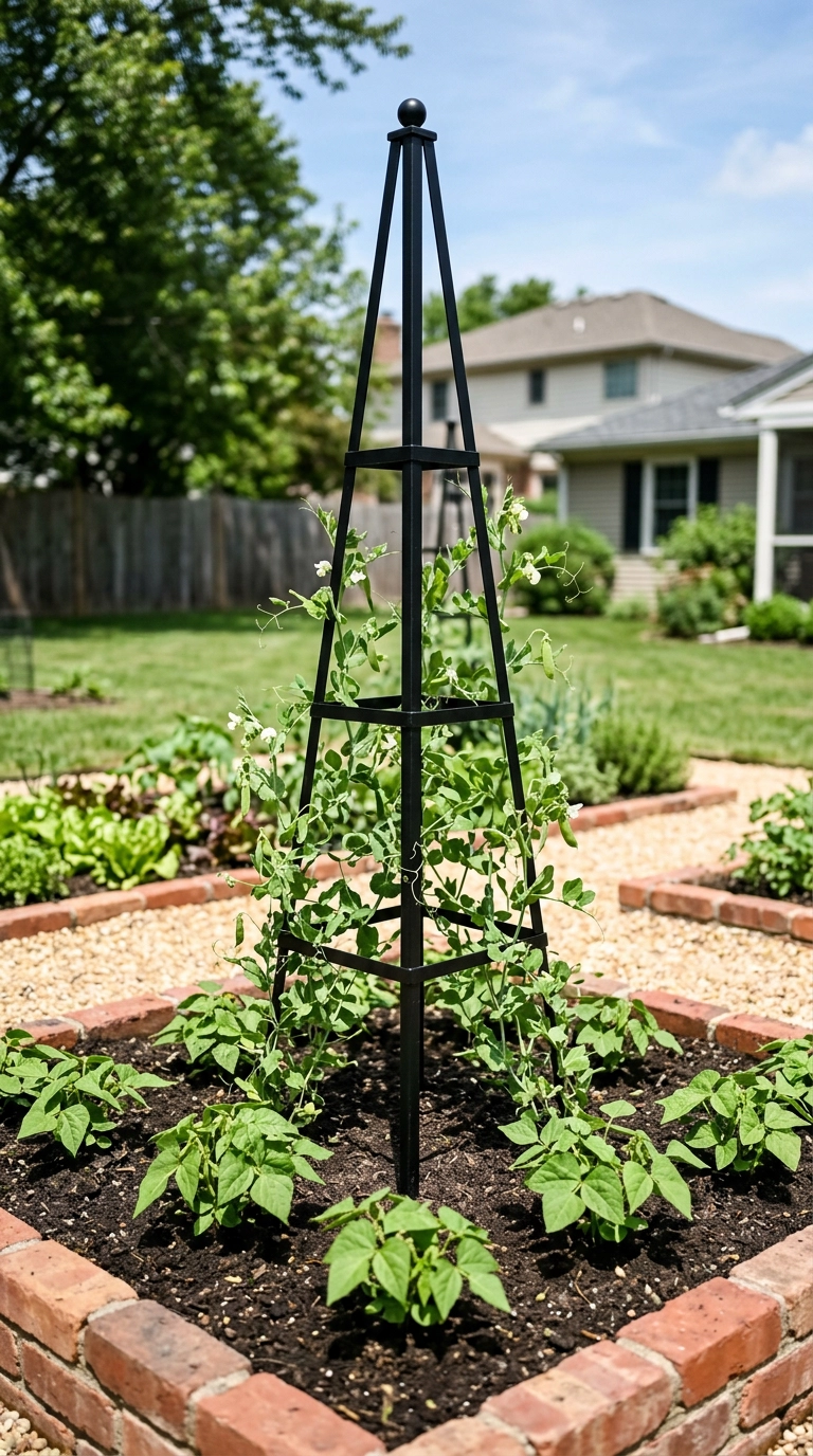 Black steel obelisk centered in a brick-edged bed with sugar snap peas climbing it