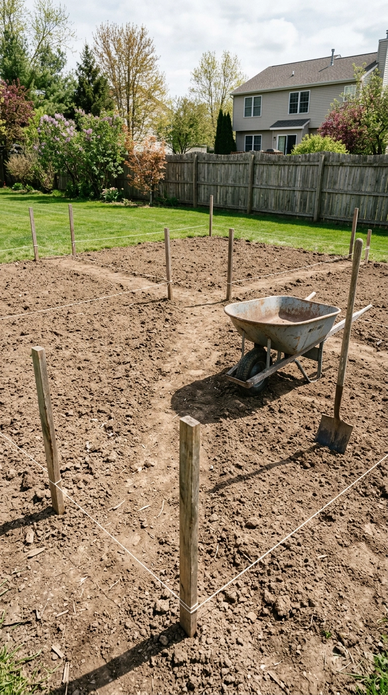 Vegetable garden plot marked out with mason line and stakes on bare soil before building