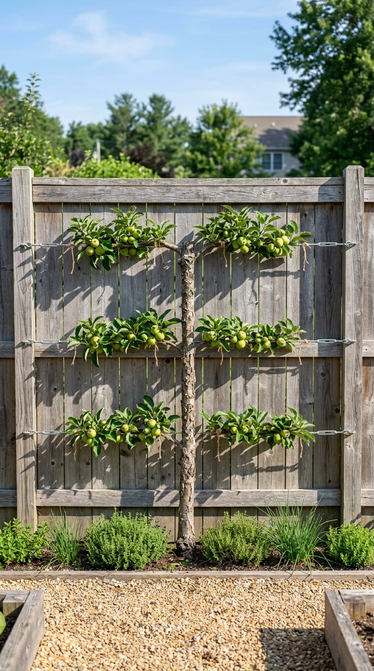 Apple tree trained as a three-tier espalier on wires against a weathered cedar fence