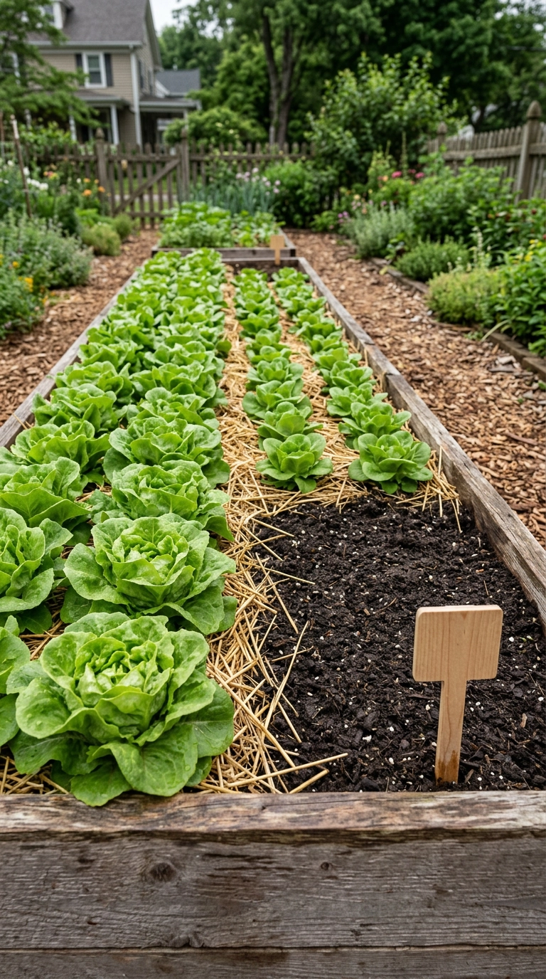 One raised bed showing mature lettuce, half-grown seedlings, and freshly sown soil