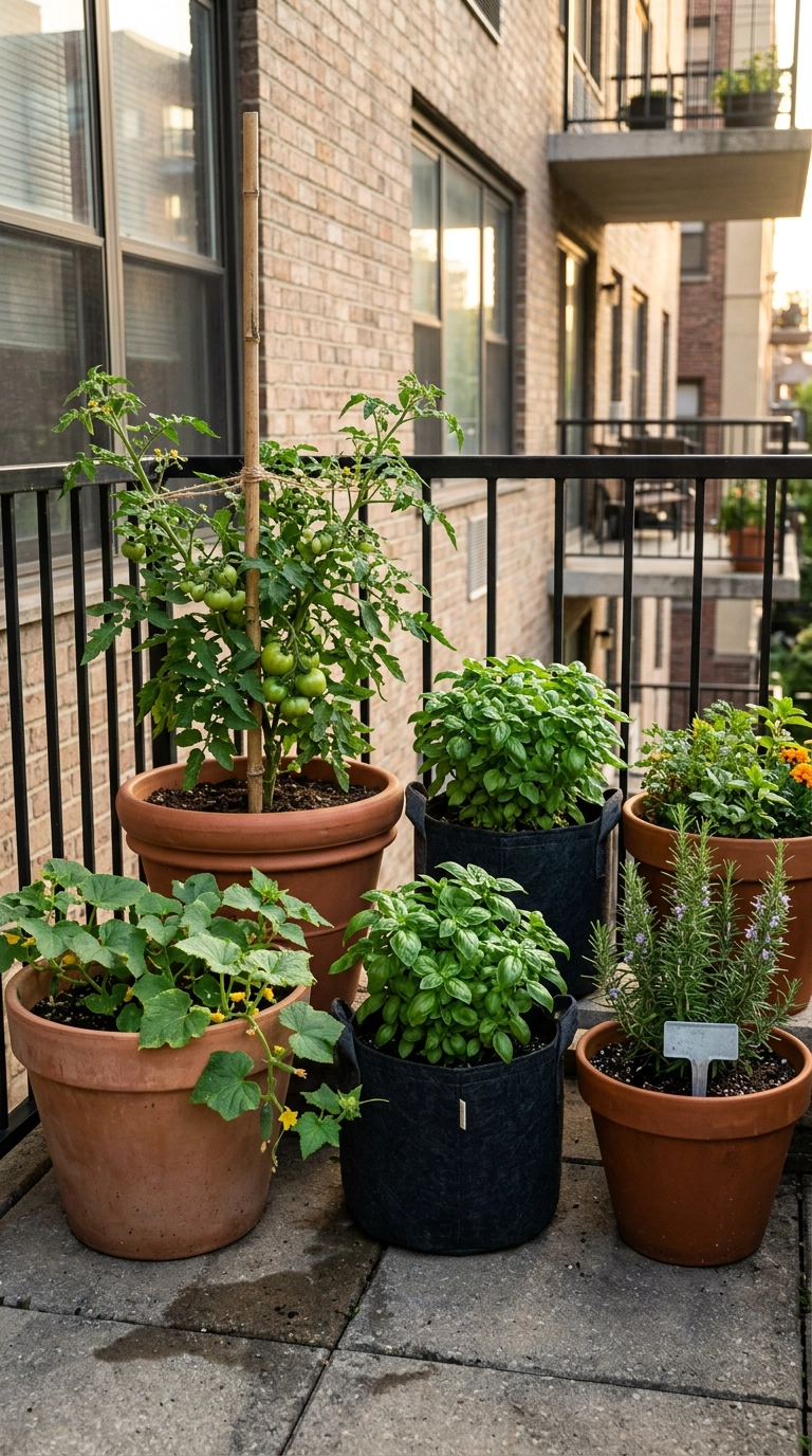 Rented patio kitchen garden in terracotta pots and fabric grow bags with staked tomatoes