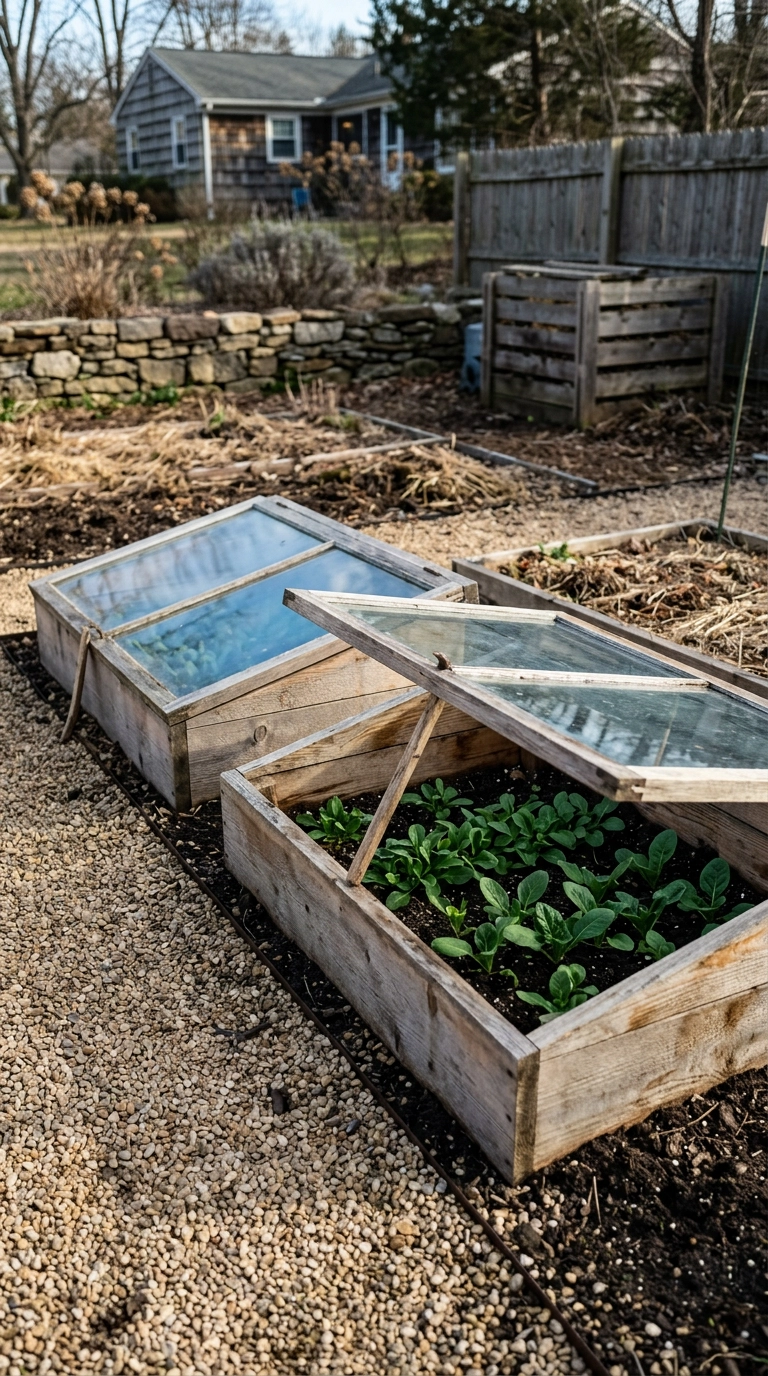 Two cedar cold frames with propped glass lids growing spinach along a gravel path