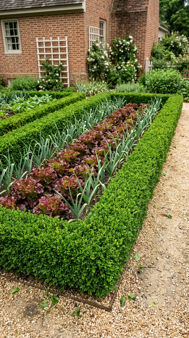 Low clipped boxwood hedge enclosing a bed of red oakleaf lettuce and leeks