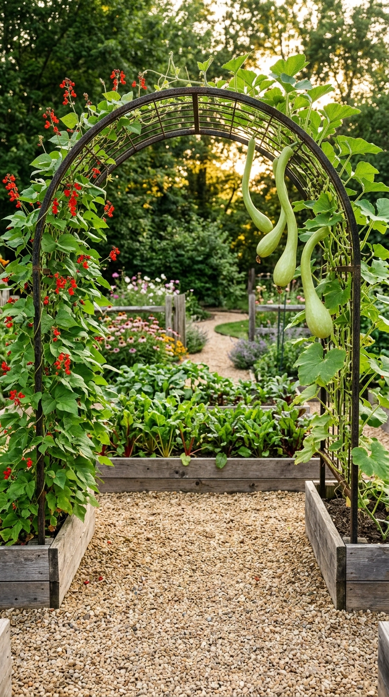 Black steel garden arch over a gravel path covered in runner beans and hanging squash