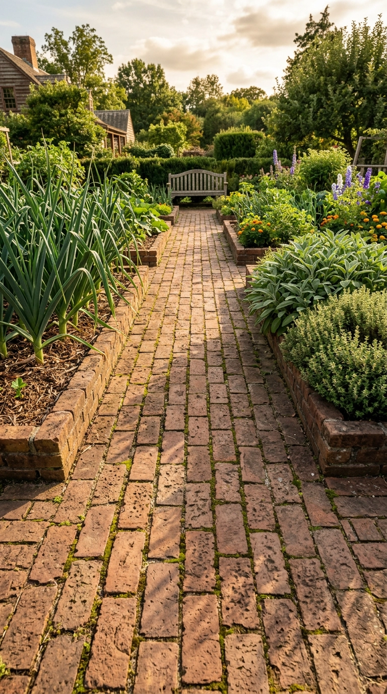 Reclaimed brick path in running bond with mossy joints running between kitchen garden beds