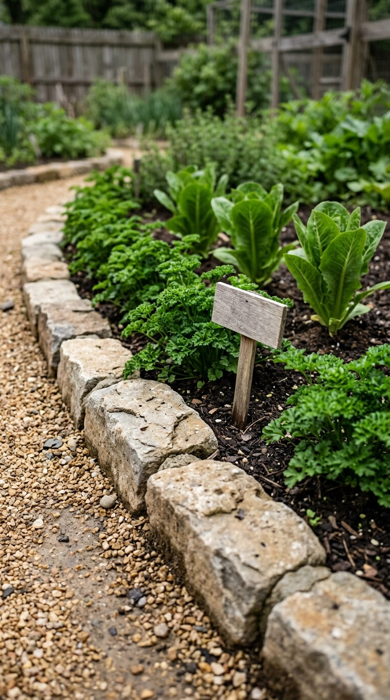 Low fieldstone edging along a garden bed with a continuous line of curly parsley