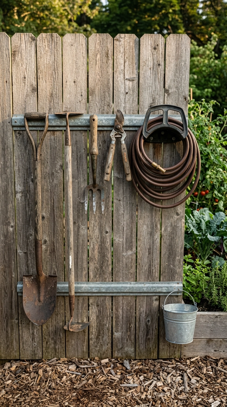 Four garden tools hanging on a galvanized rail against a weathered cedar fence