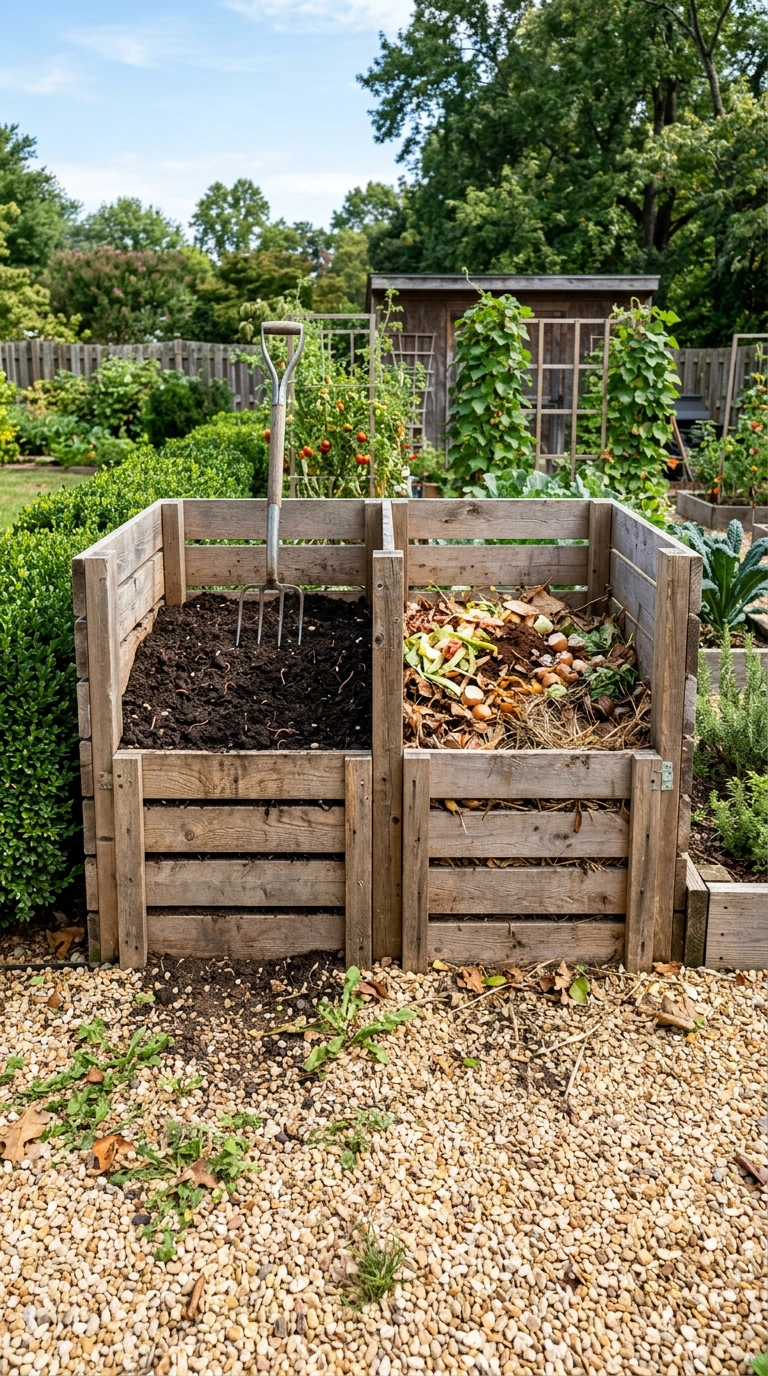 Two matching cedar compost bays with a pitchfork on a gravel apron in a kitchen garden