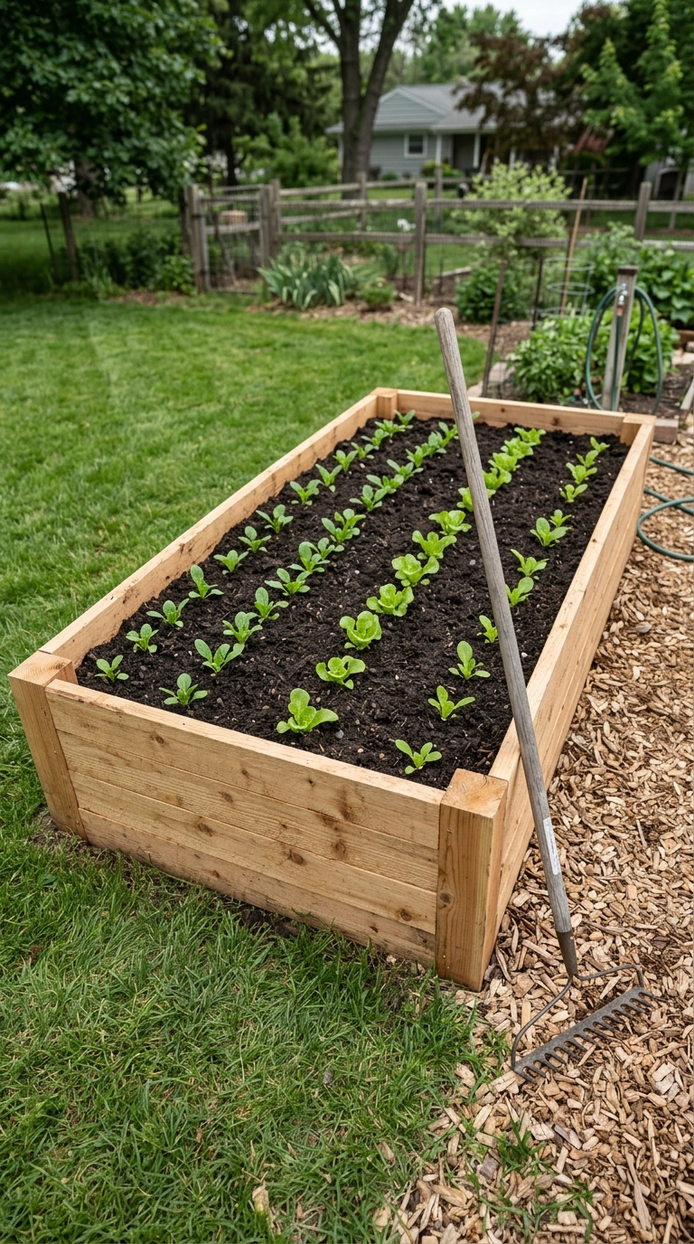 Newly built twelve-inch cedar raised bed filled with compost and young lettuce seedlings