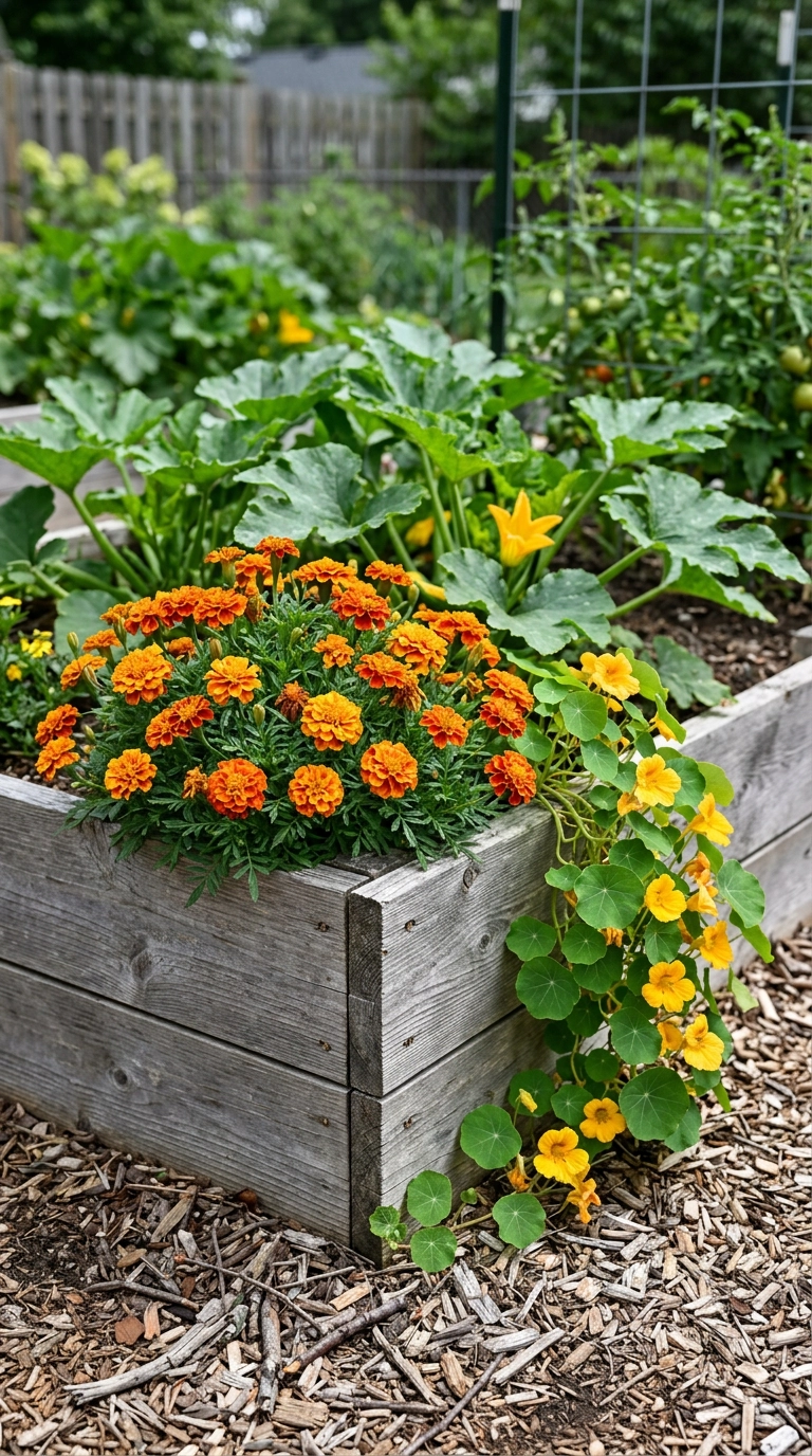 Orange marigolds and trailing nasturtium at the cedar corner of a zucchini bed