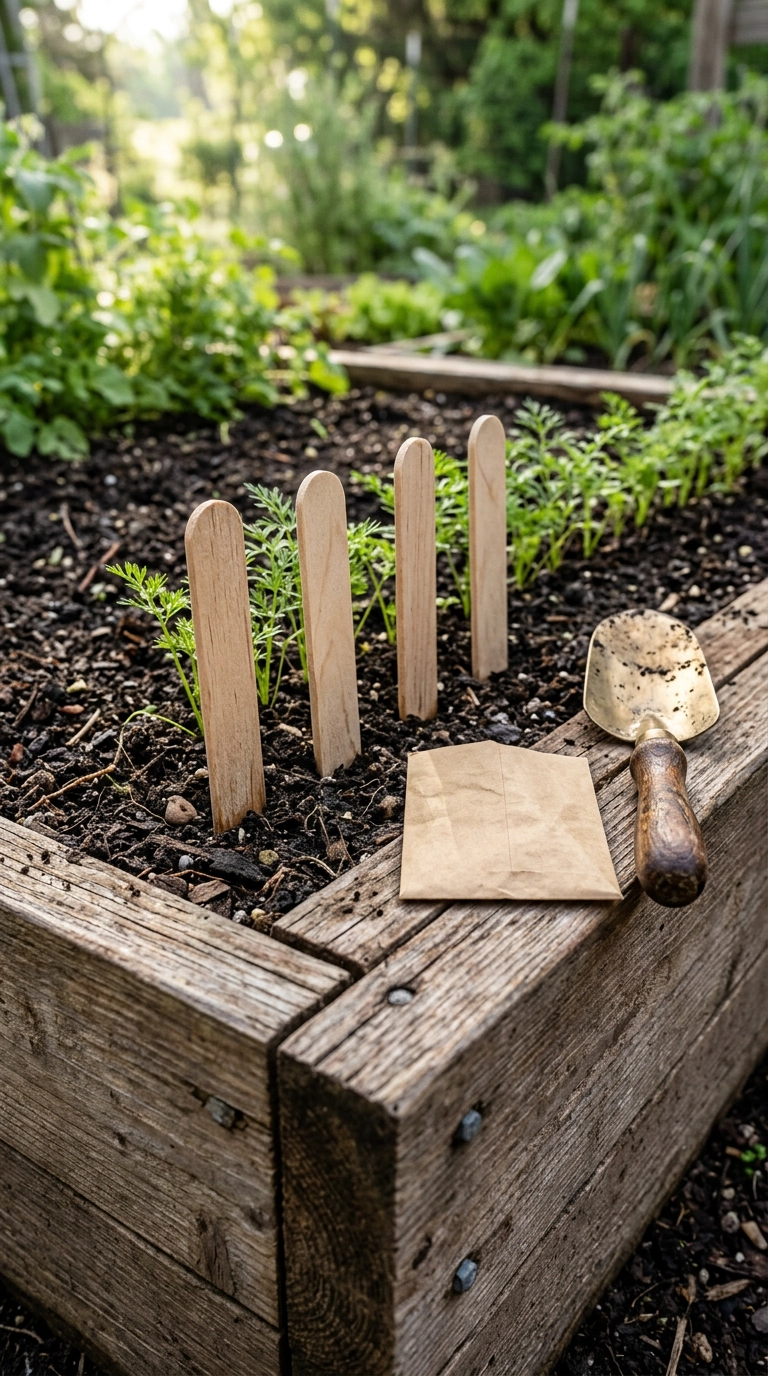 Four blank wooden plant labels in dark soil beside a row of fine carrot seedlings