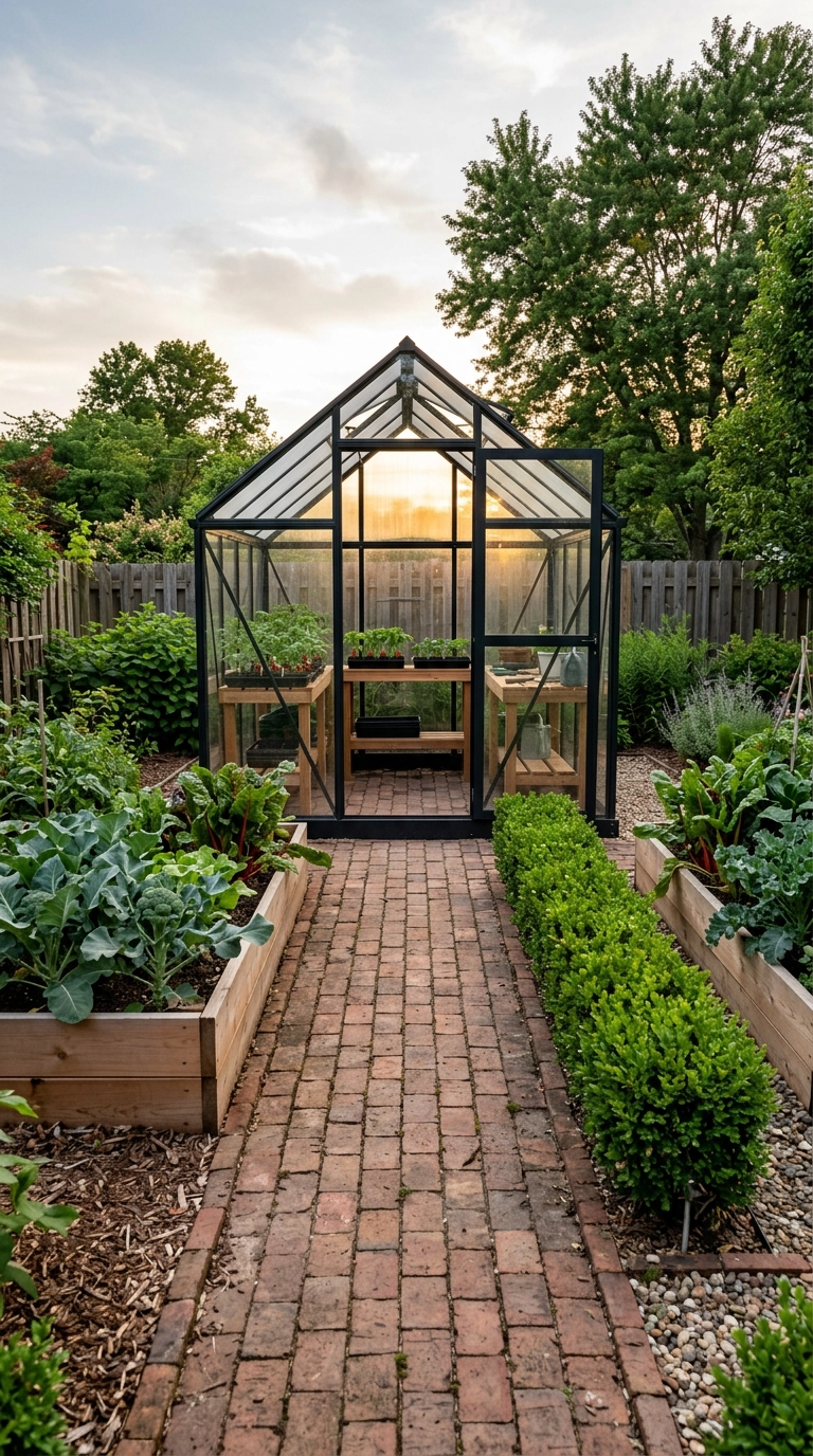 Small black-framed greenhouse at the end of a brick path with seedling trays inside
