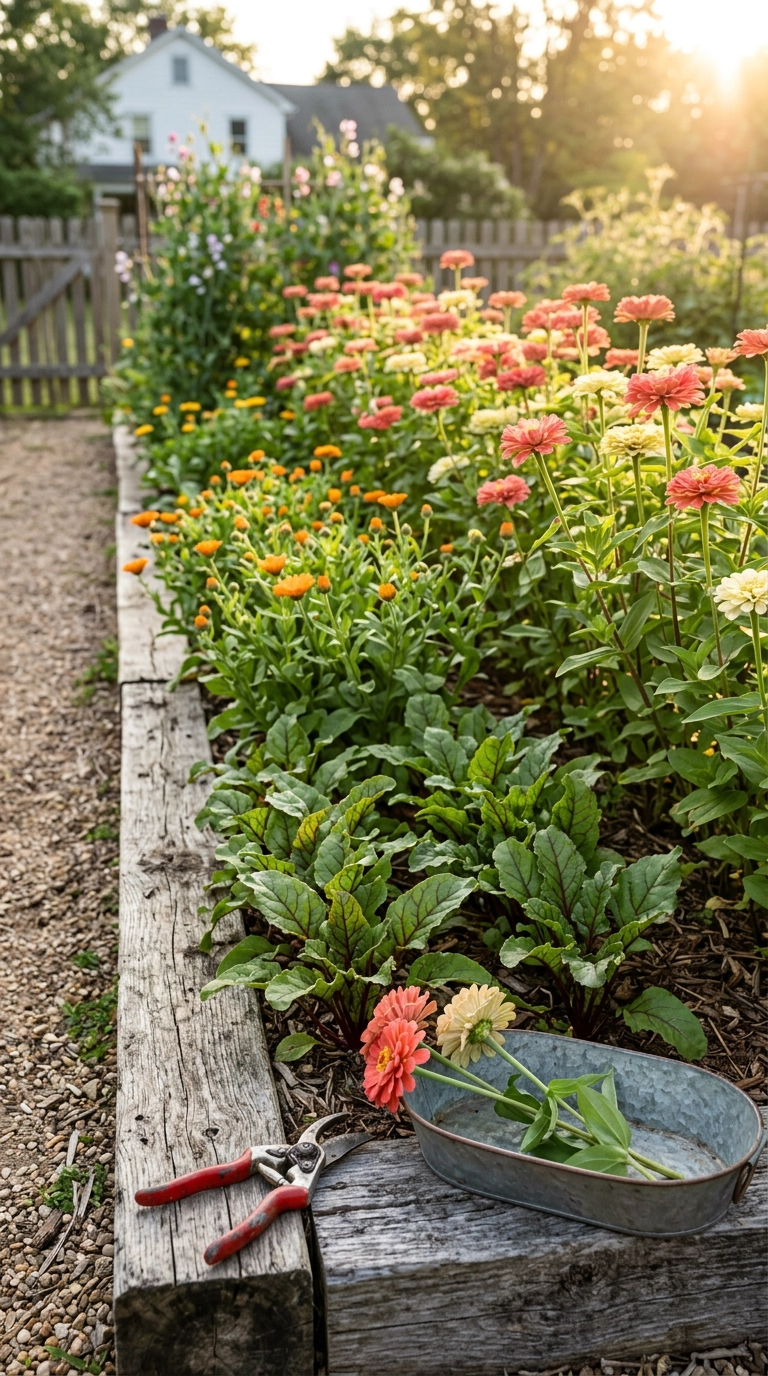 Row of coral zinnias and calendula behind beet greens with cut stems in a galvanized trug