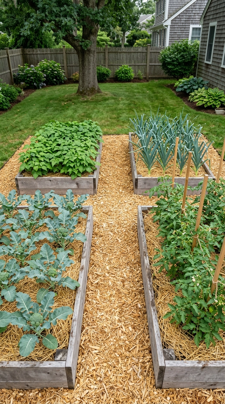 Four cedar raised beds all mulched in golden straw with broccoli, tomatoes, beans, and leeks