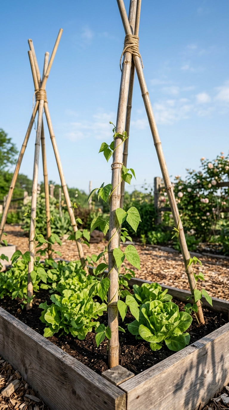 Two lashed bamboo cane tripods with young pole beans climbing above a bed of lettuce