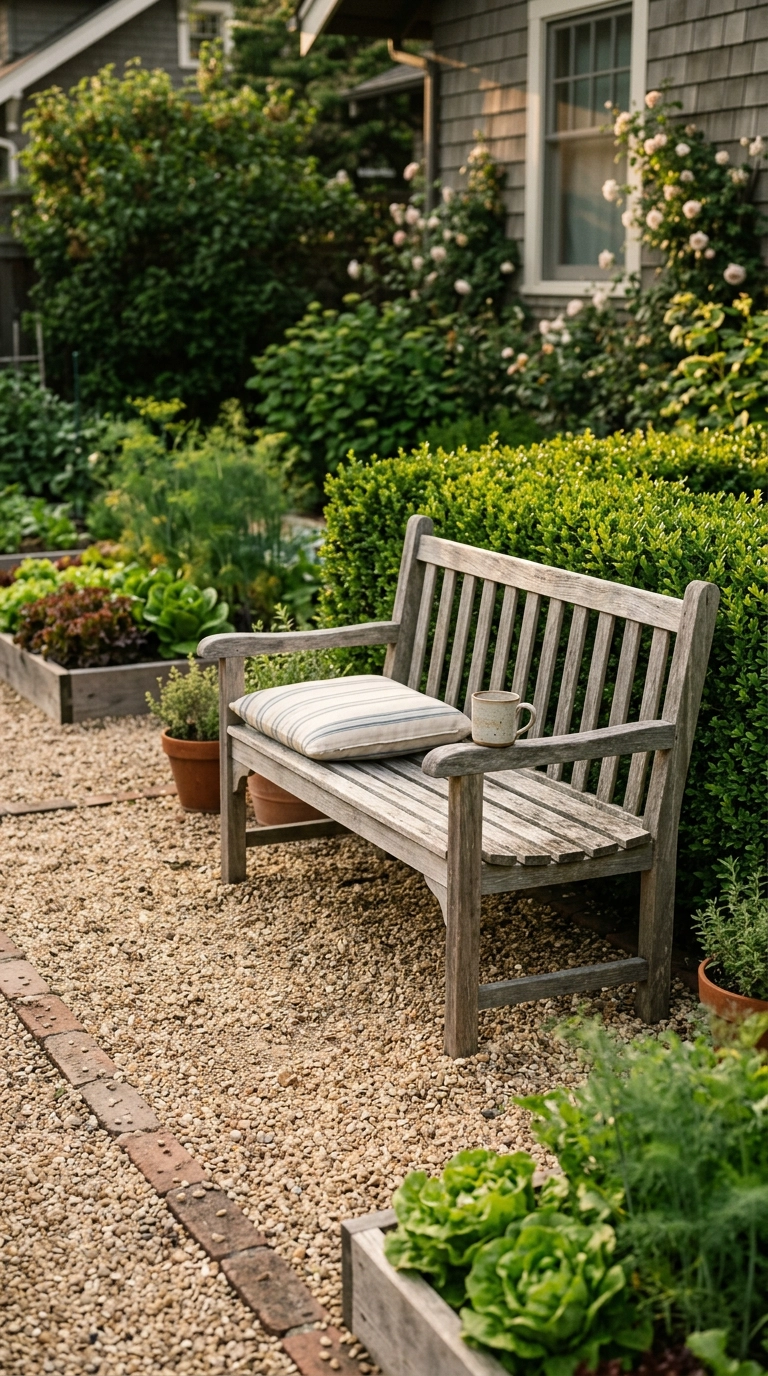 Silvered teak bench on a gravel pad facing kitchen garden beds in evening light