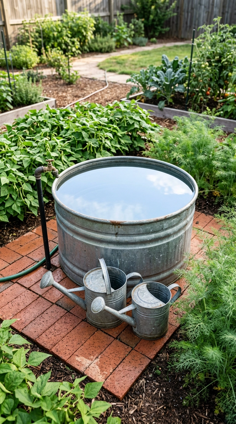 Galvanized dipping tank and two watering cans on a brick pad in a kitchen garden